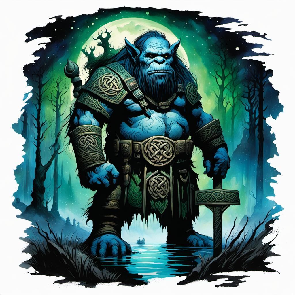 Celtic Troll on Bridge Under Starry Sky