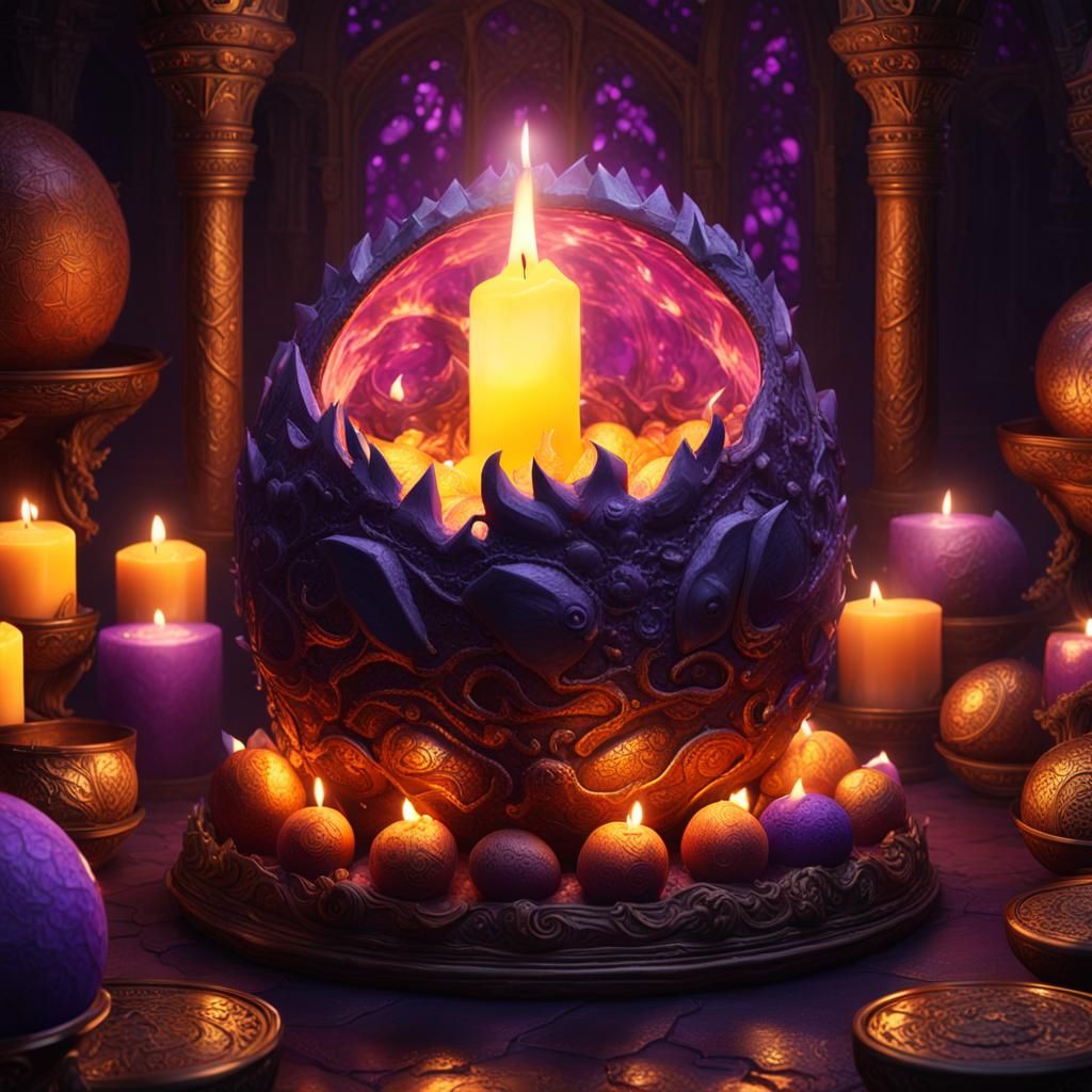 Dragon Egg Surrounded by Candles: Dark Fantasy Art