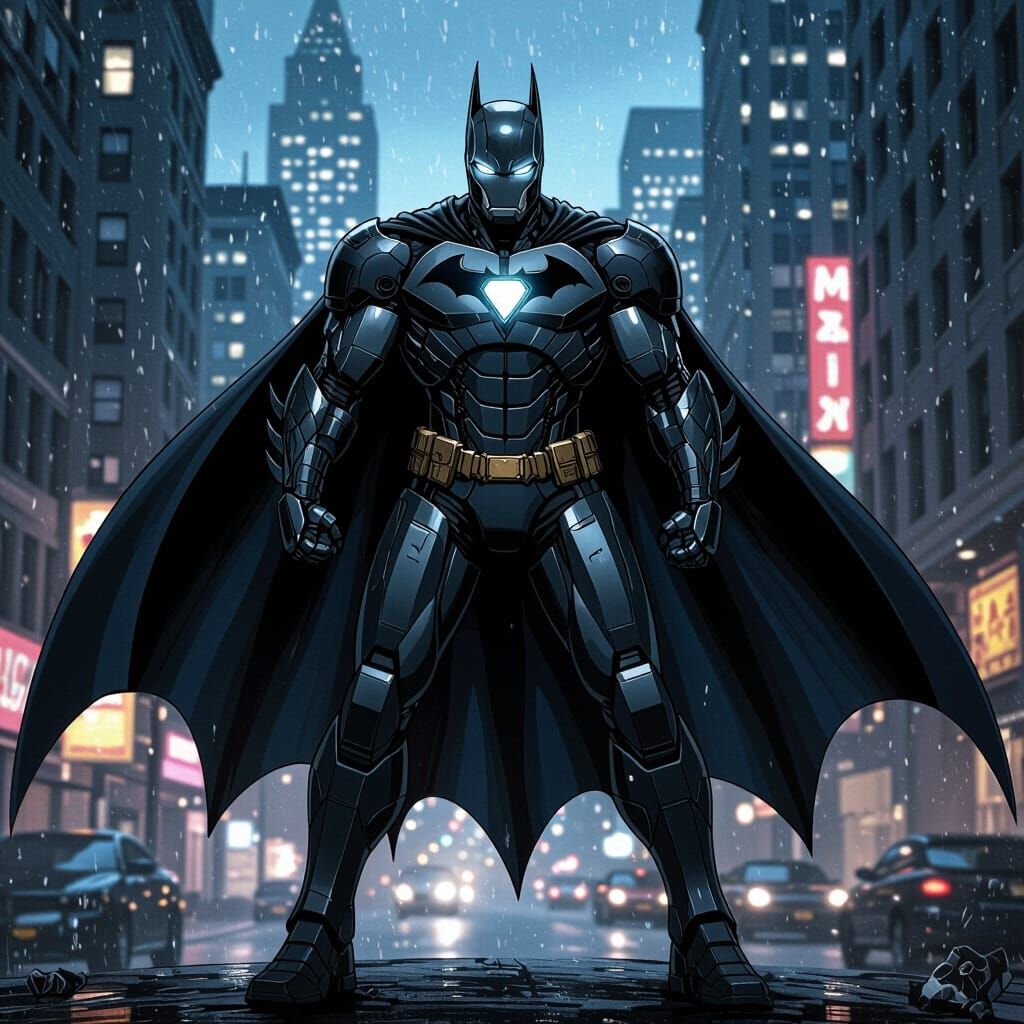 Iron Man Batman Fusion in Dark Gotham City