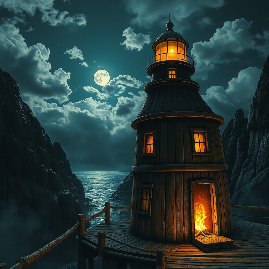 Barrel-Shaped Wooden Lighthouse in a Sinister Mountainous Ni...