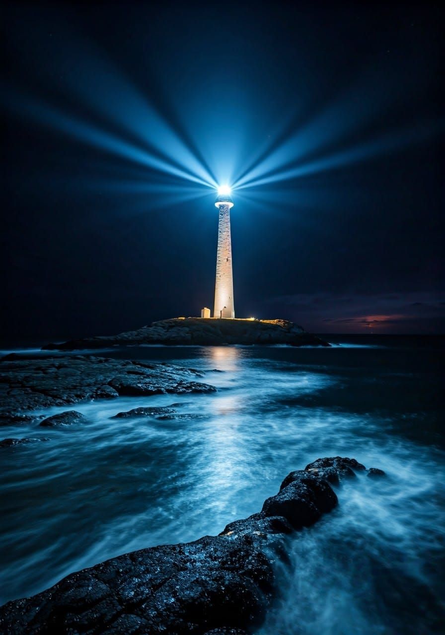 Bioluminescent Lighthouse on Craggy Rock in Rough Sea