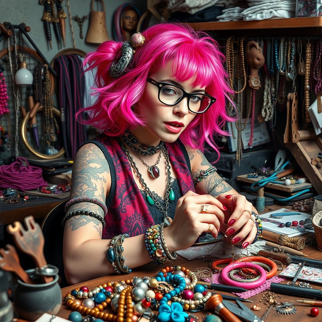 Vibrant Jewelry Maker in a Whirlwind Creative Session