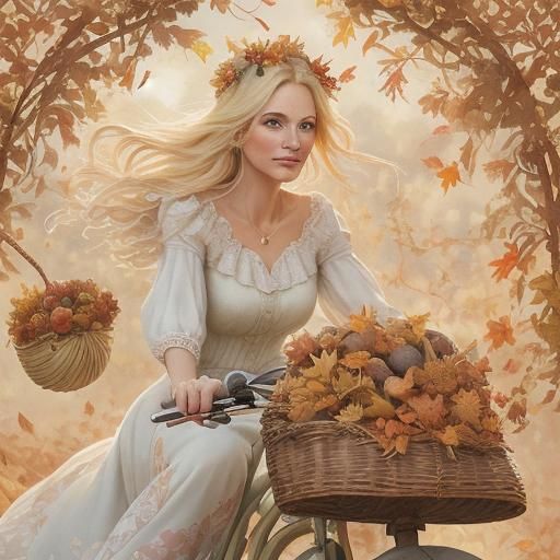 Whimsical Watercolor: Blonde Woman Cycling with Gourds