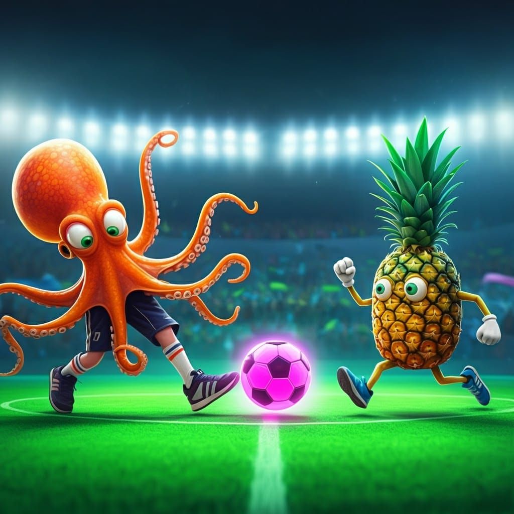 Octopus Plays Soccer with Pineapple in CGI Anime Style