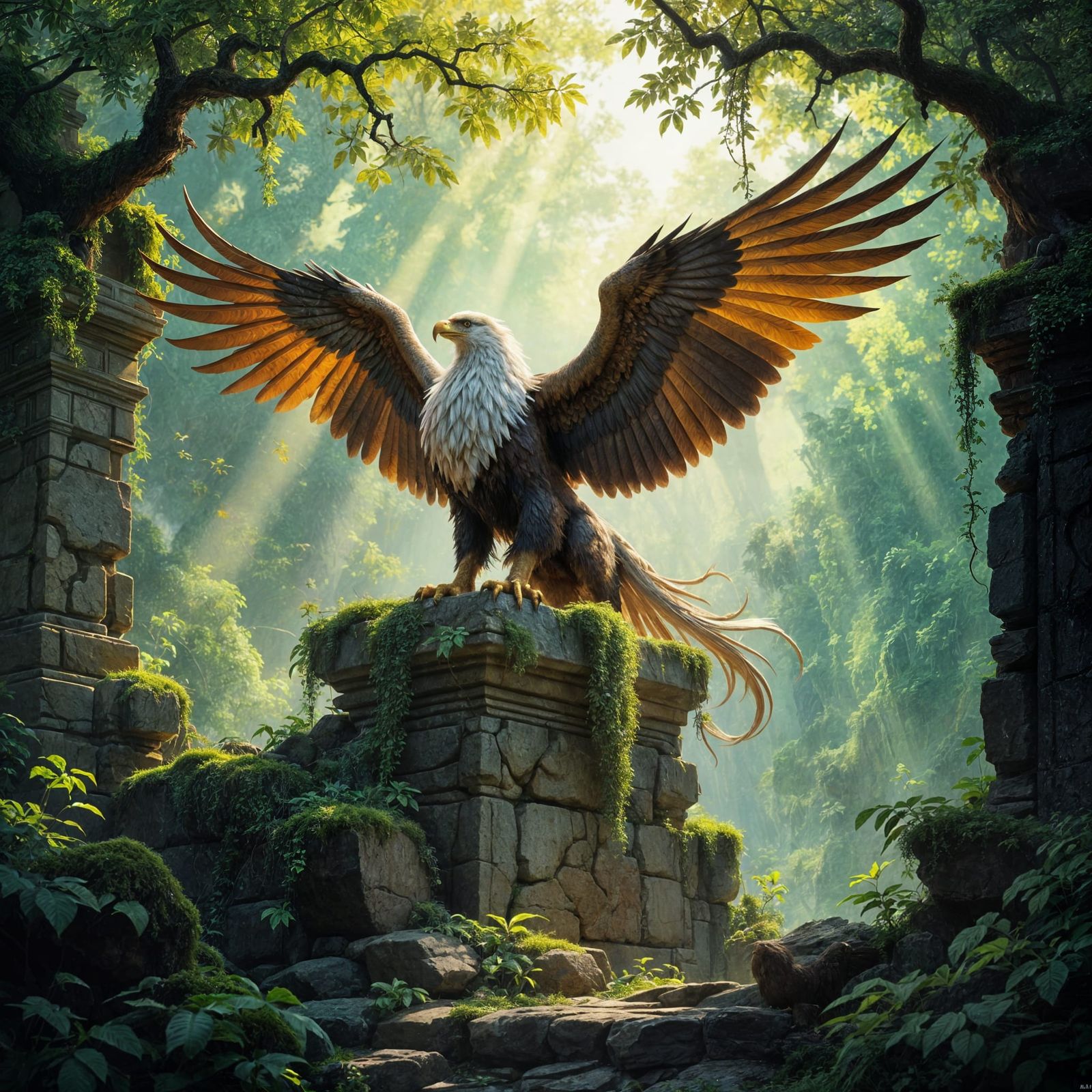 Majestic Griffin on Ancient Ruin in Fantasy Concept Art Styl...