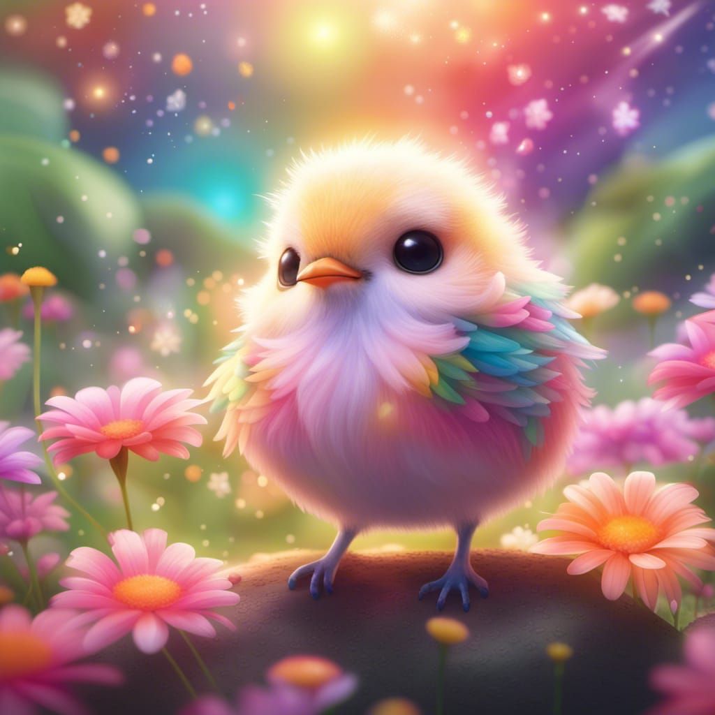 Colorful Fluffy Bird with Flowers in Mixed Media