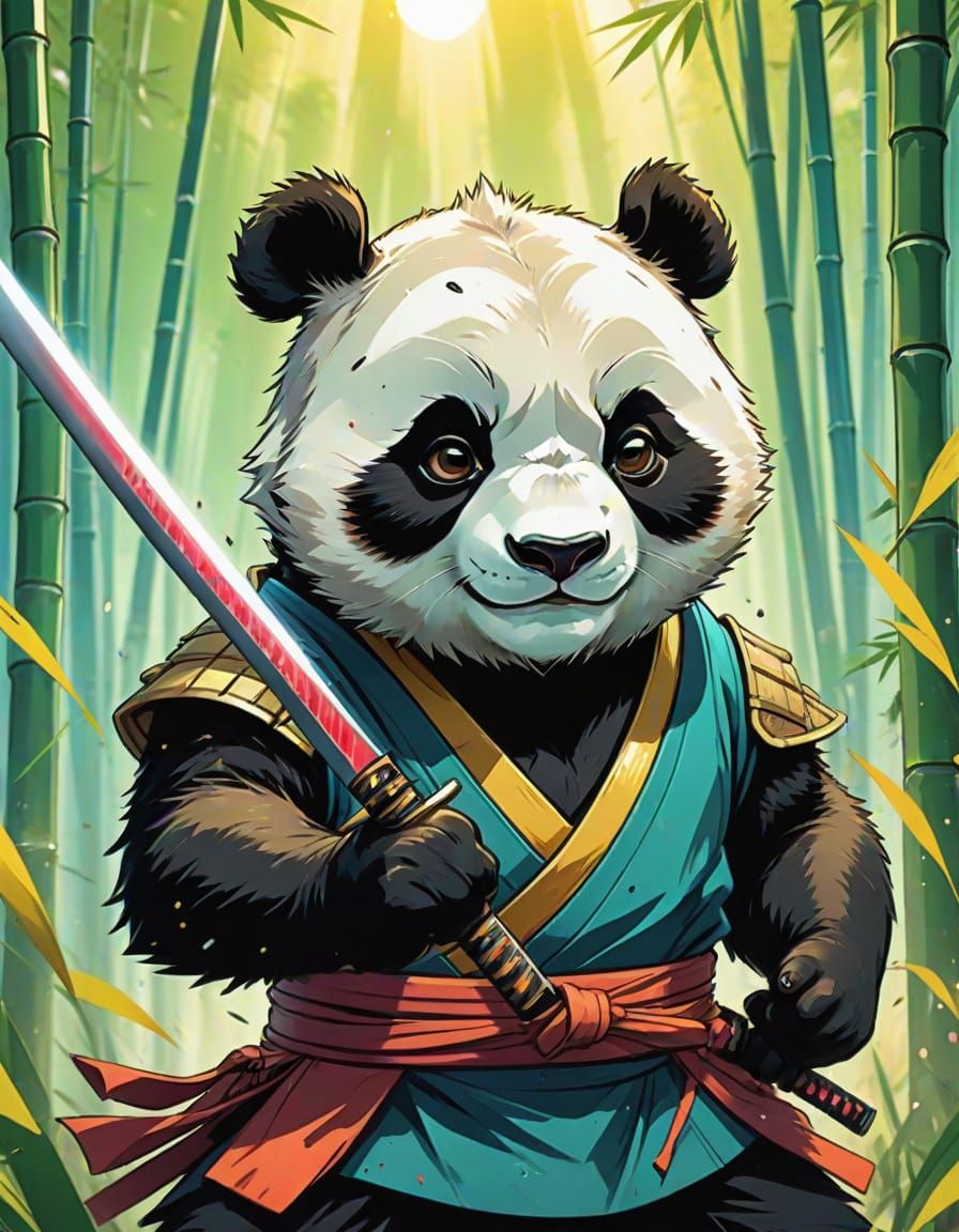 Vibrant Chibi Samurai Panda with Bamboo Katana in Anime Spla...