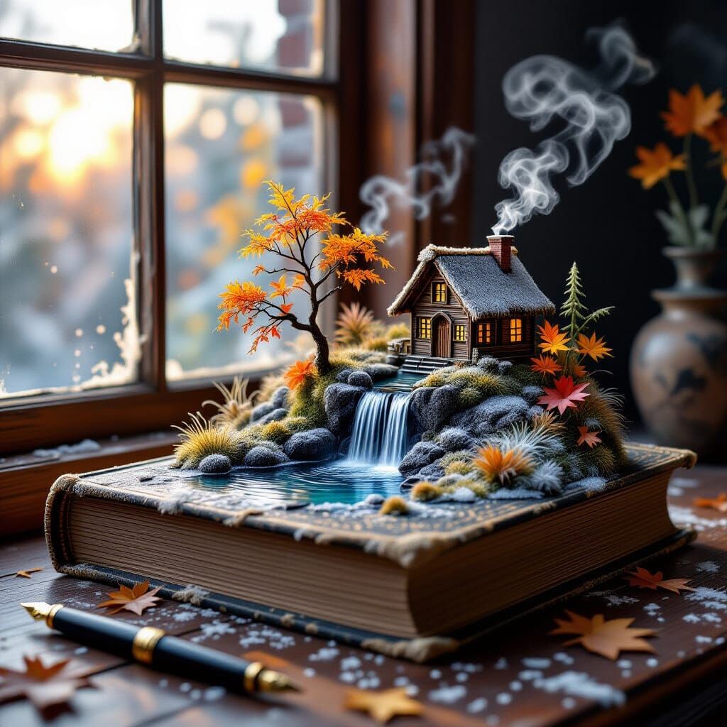 Miniature Autumn Book Landscape with Waterfall and Hut