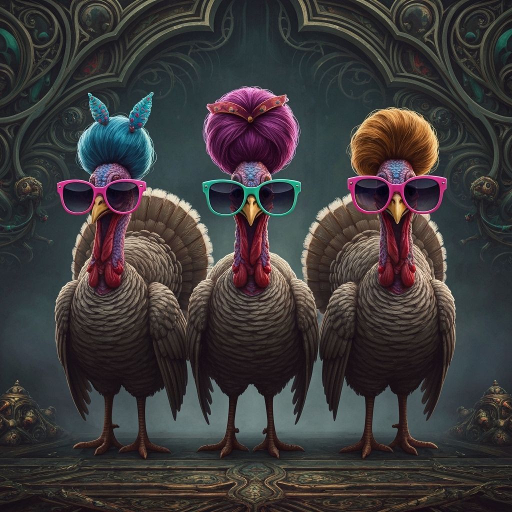 Whimsical Turkeys in Colorful Sunglasses and Hairpieces
