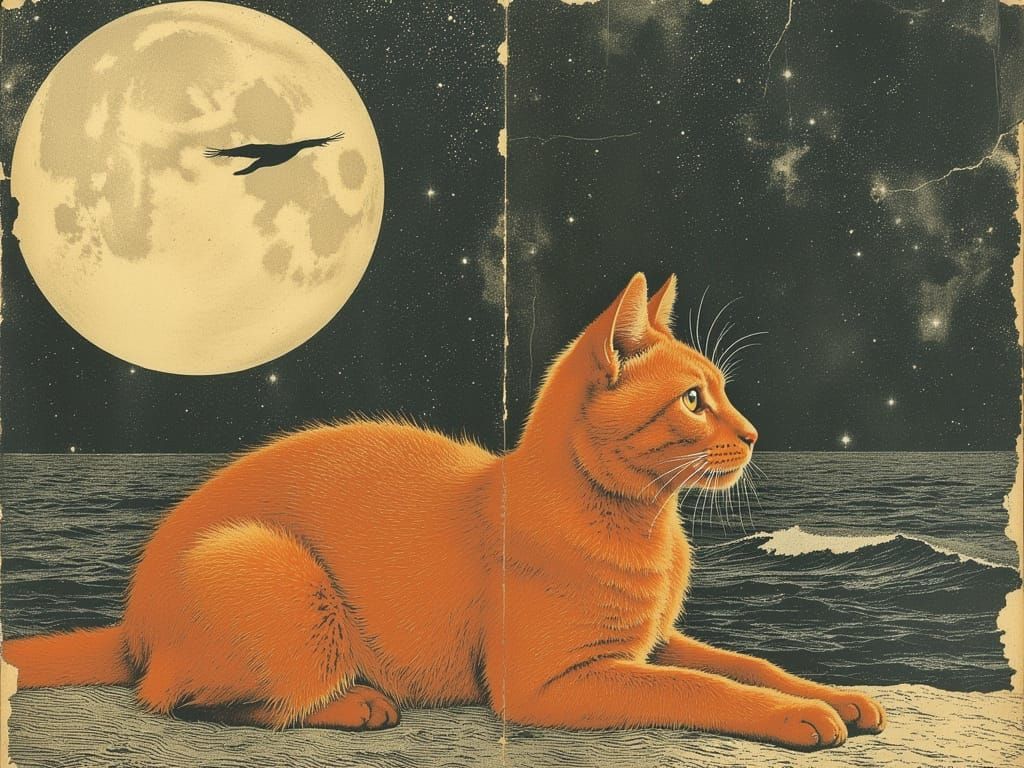 Whimsical Ginger Kitty Under Celestial Skies