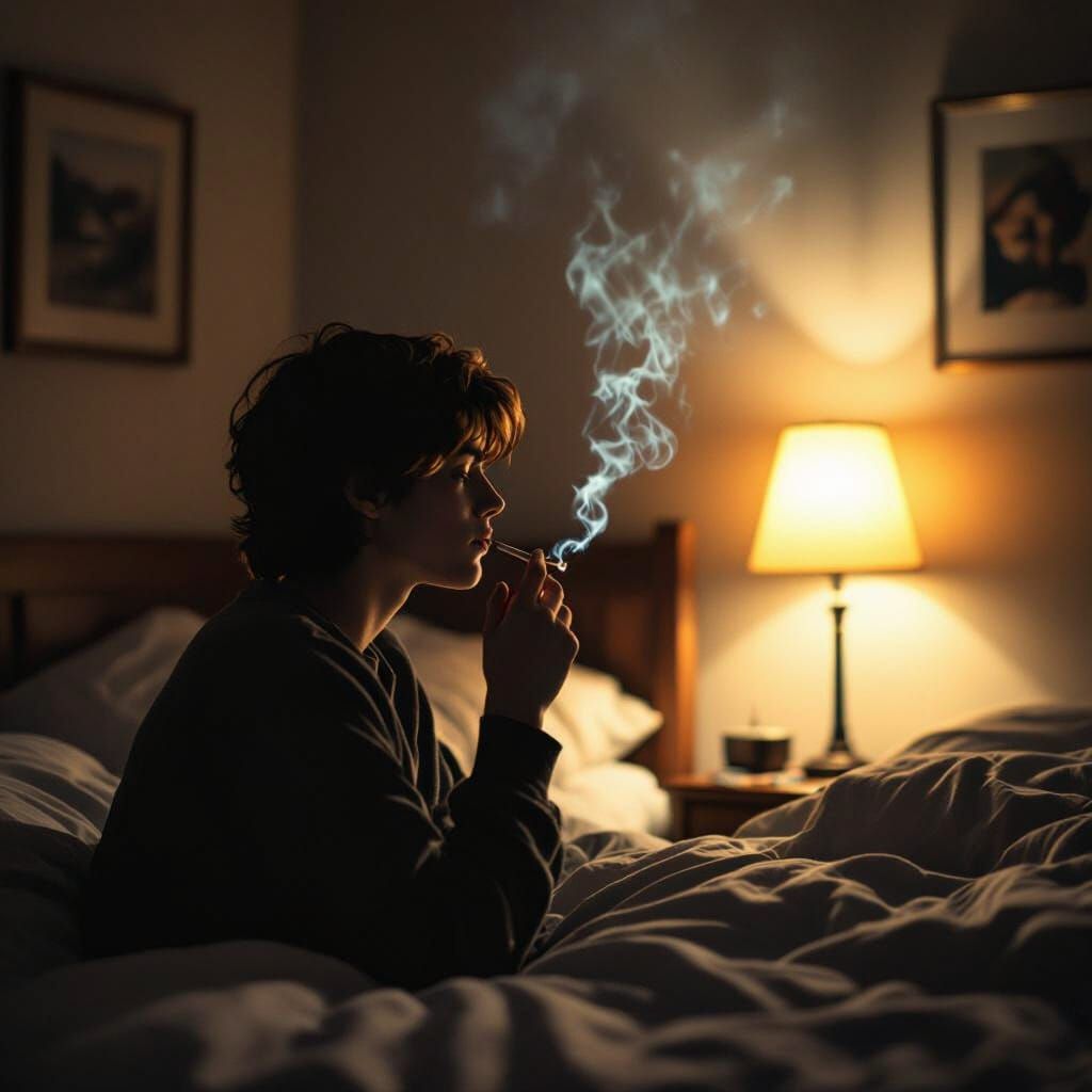 Moody Scene of Person Entering Dim Bedroom with Cigarette