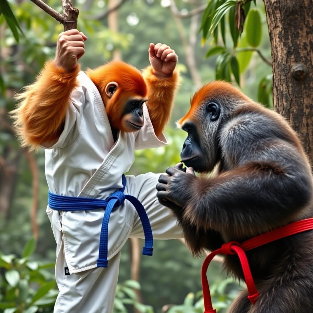Orangutan Karate Kick in Rainforest Dojo