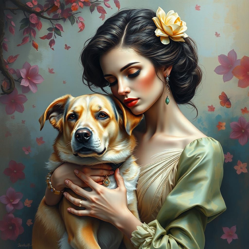Woman and Dog in Ethereal Gouache Fantasy