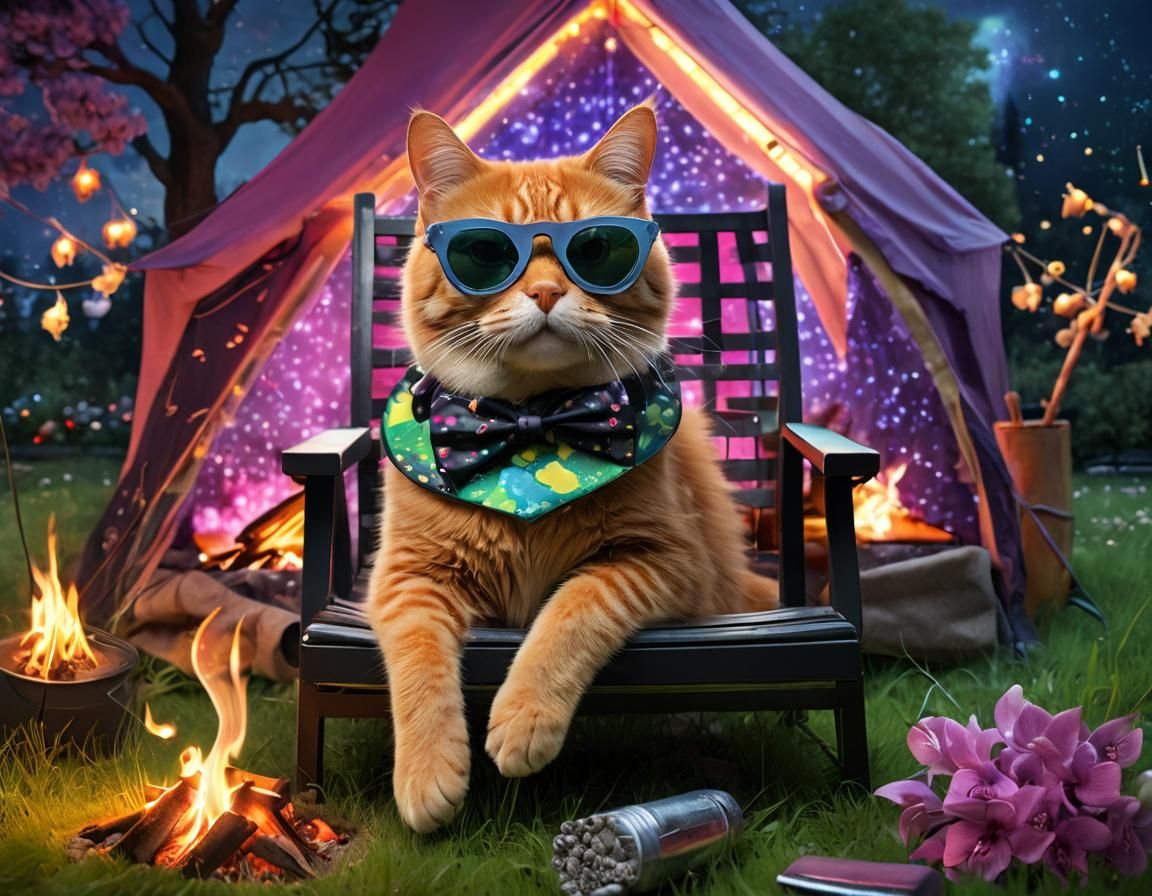 Neon Cat Roasting Marshmallow in Ethereal Landscape