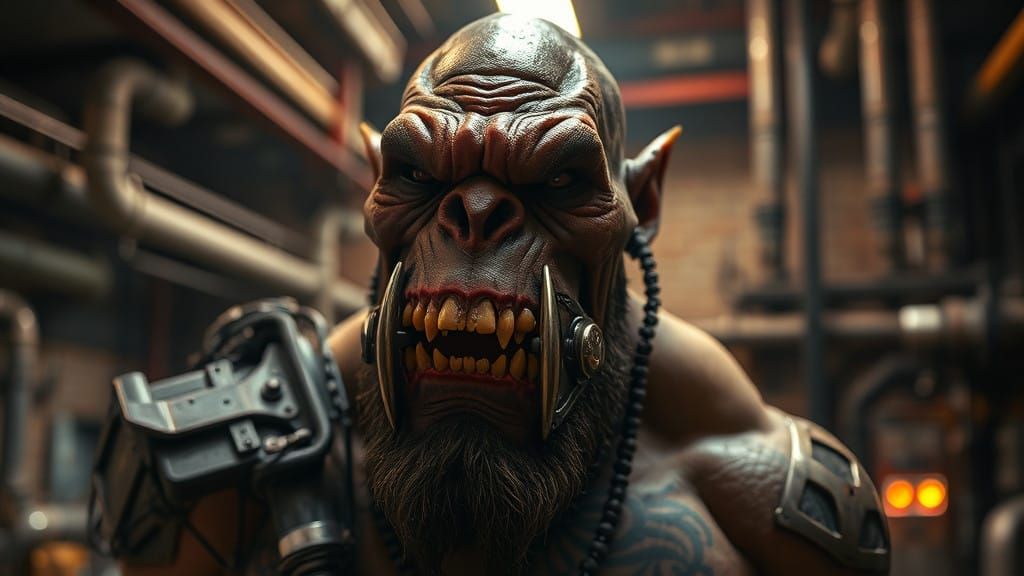 Dark, Cinematic Portrait of an Orc in an Industrial Setting