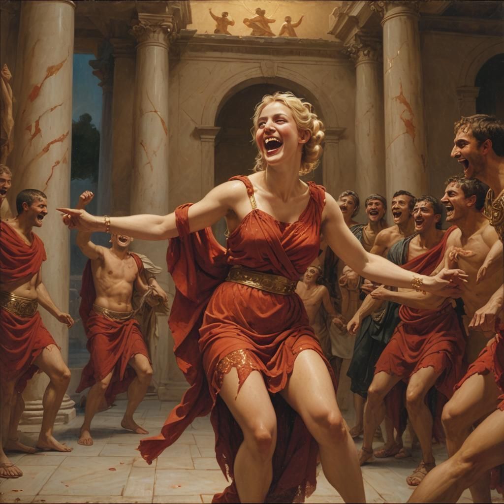 Laughing Dancer with Roman Soldiers: Oil Painting