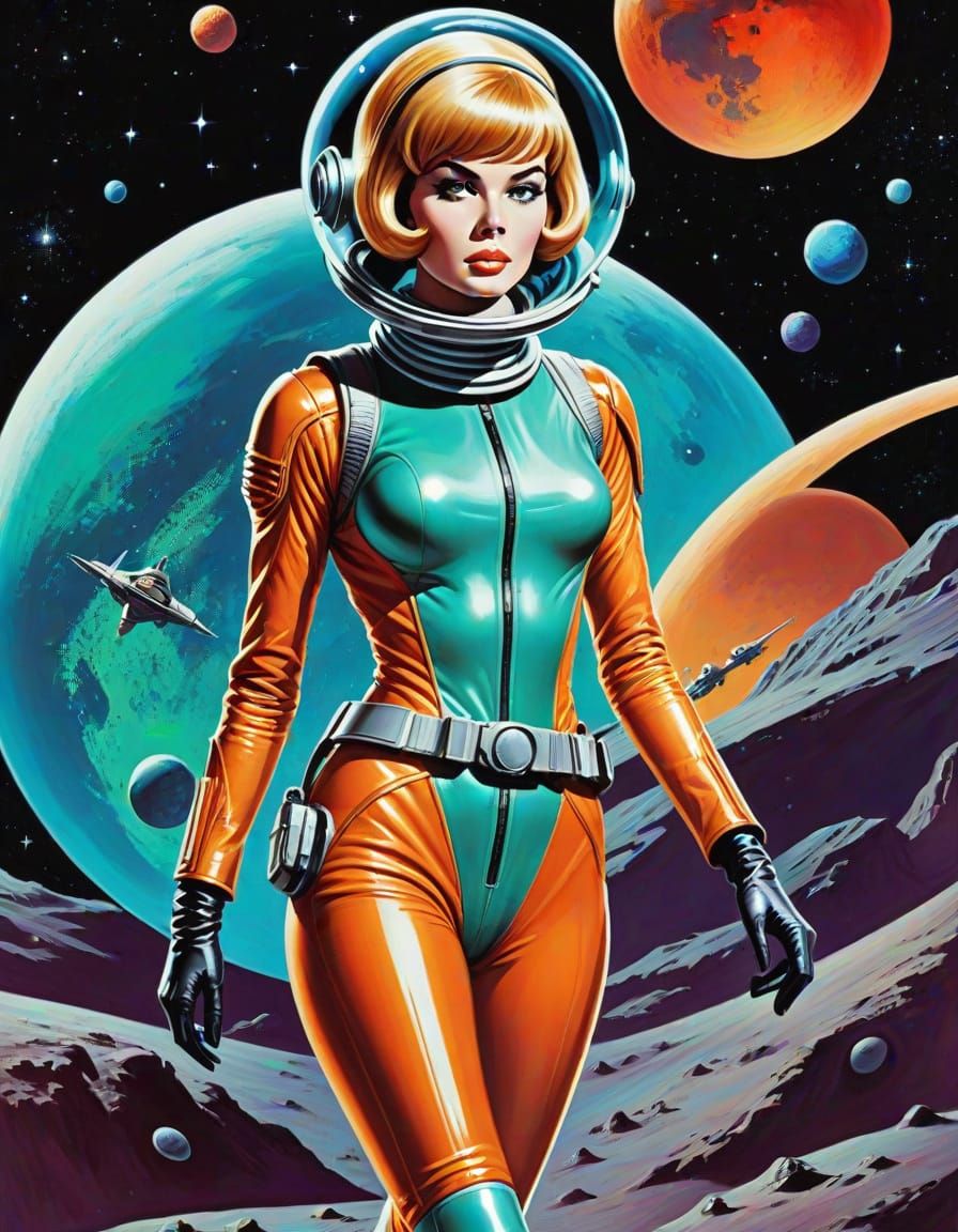 Retrofuturistic Astronaut in 1960s Sci-Fi Illustration Style