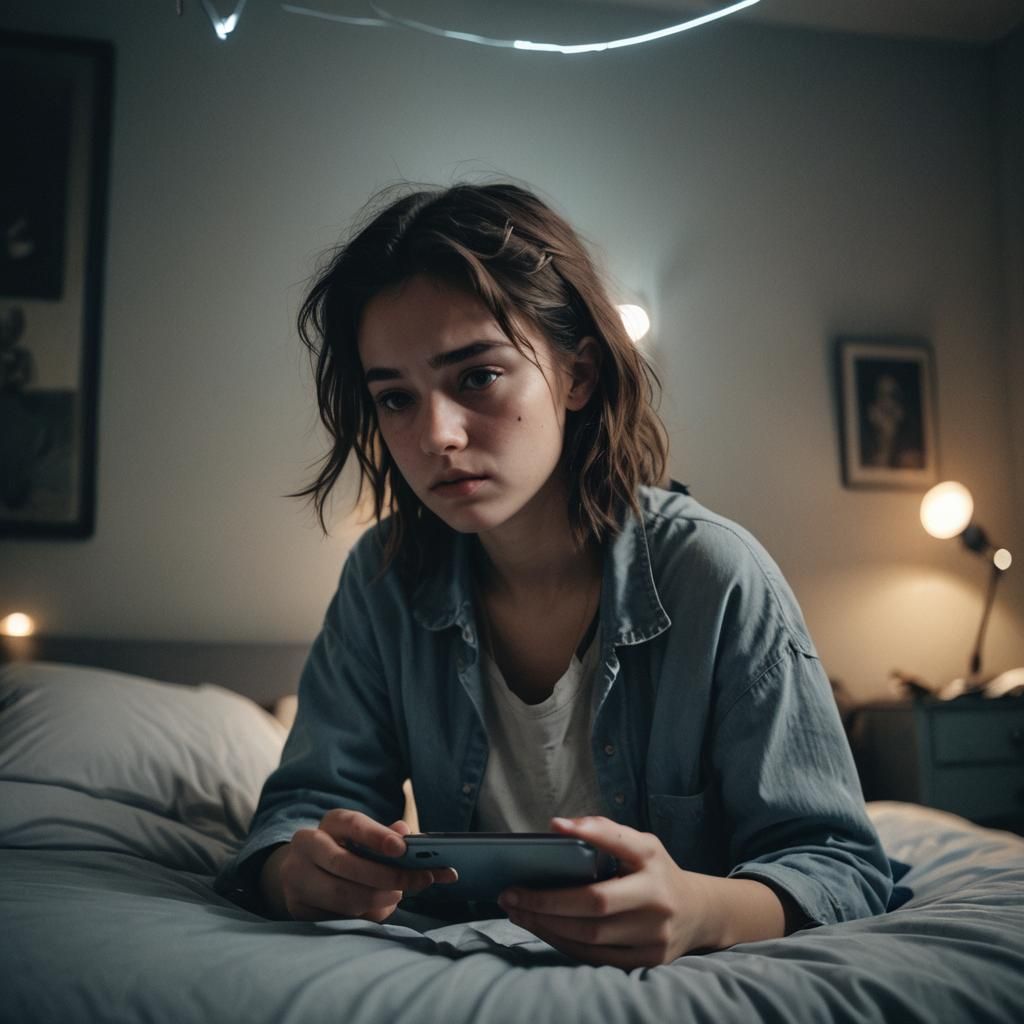 Girl Immersed in Phone: Moody Cinematic Film Still