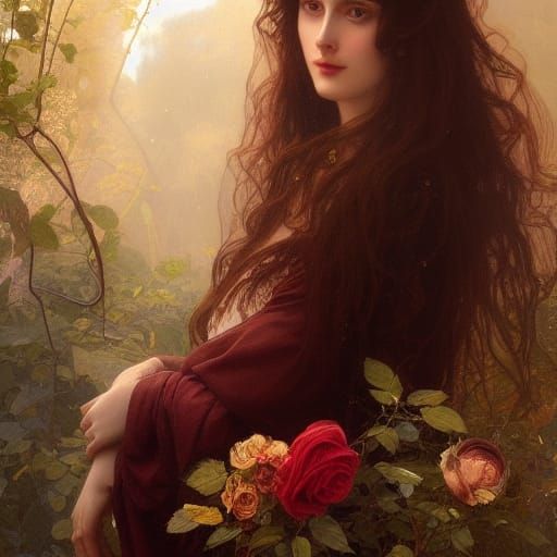 Renaissance Woman with Roses: Pre-Raphaelite Portrait