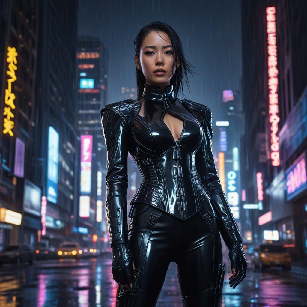 Athletic Asian Woman in Cyberpunk Latex Catsuit
