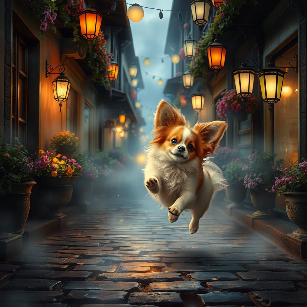 Golden Papillon Chases Whimsical Firefly in Enchanted Nightt...