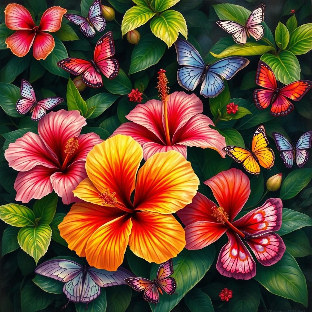 Exotic Hibiscus Flowers with Butterflies in Impressionist St...