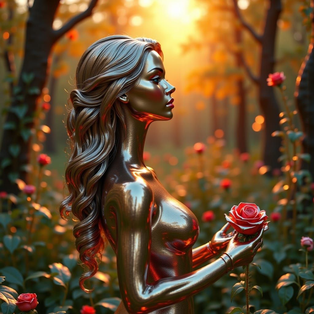 Woman in Sunset Forest with Metallic Art