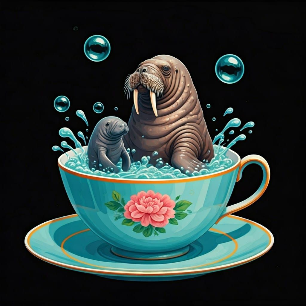 Walrus and Manatee Bubble Bath: Pop Surrealism Art