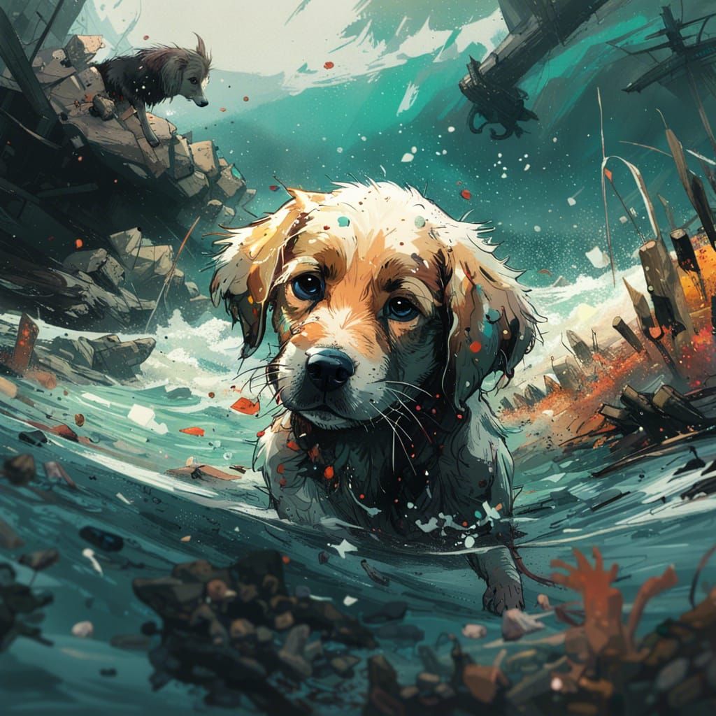 Puppy in the Sea: Detailed Digital Art