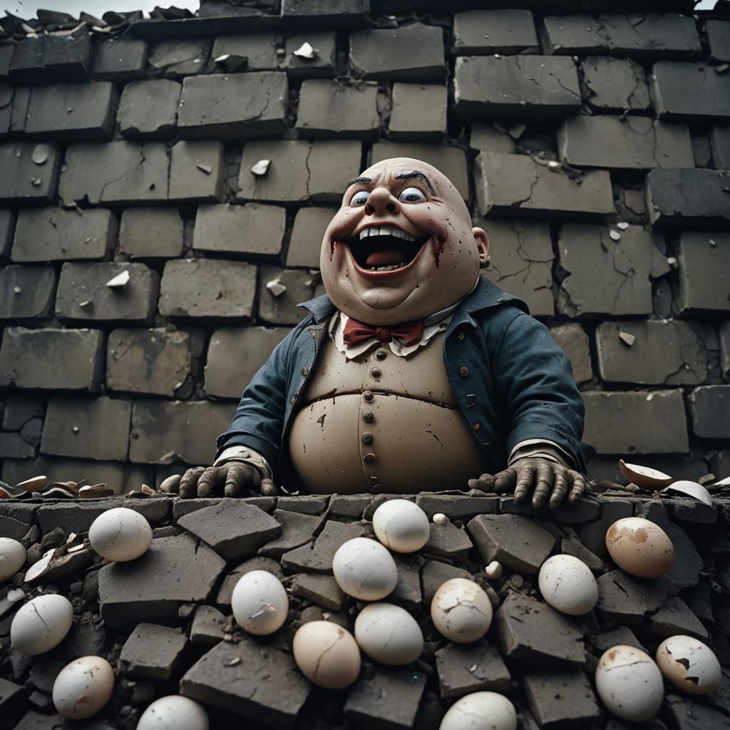 Grotesque Humpty Dumpty on Crumbling Wall in Film Noir