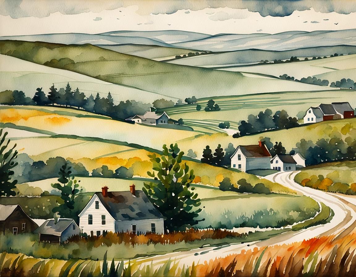 Vintage Farmland Landscape as Watercolor Painting