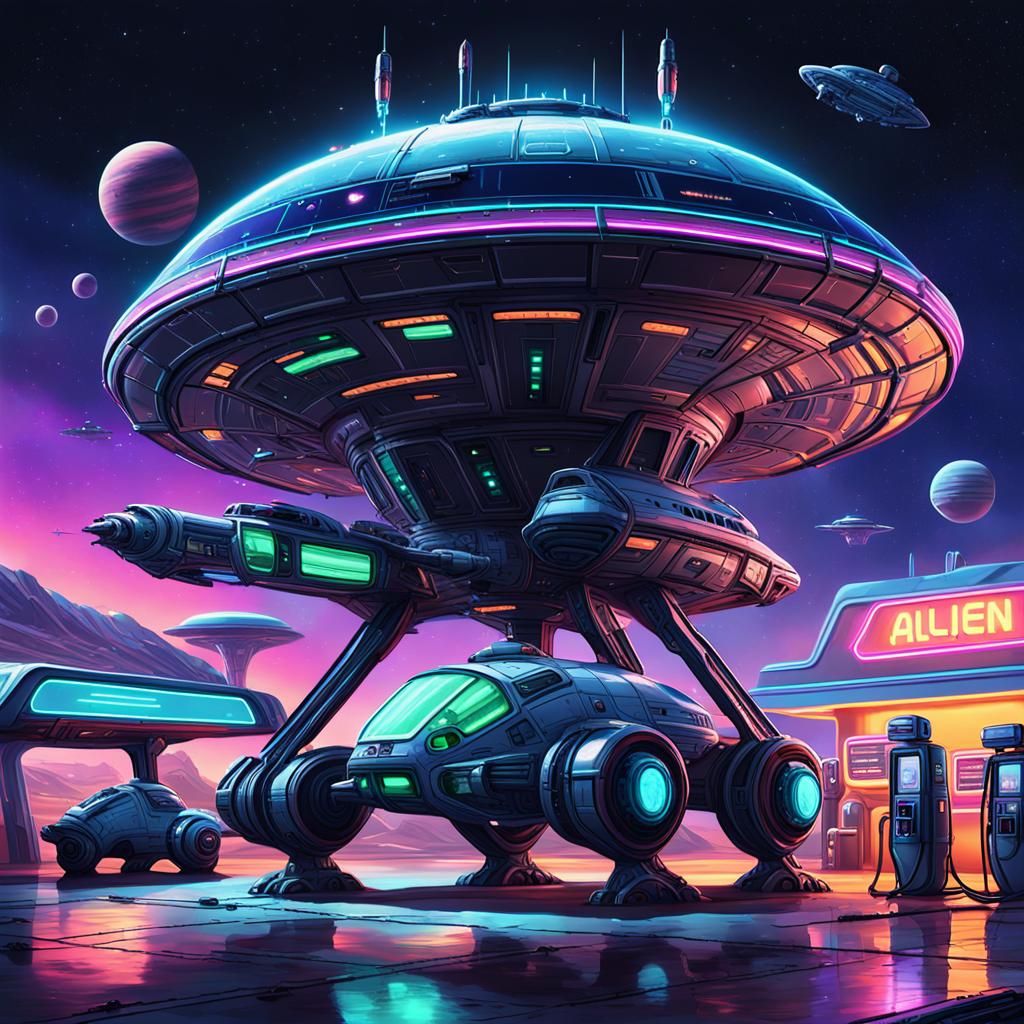 Galactic Gas Station: Neon-Lit Sci-Fi Concept Art