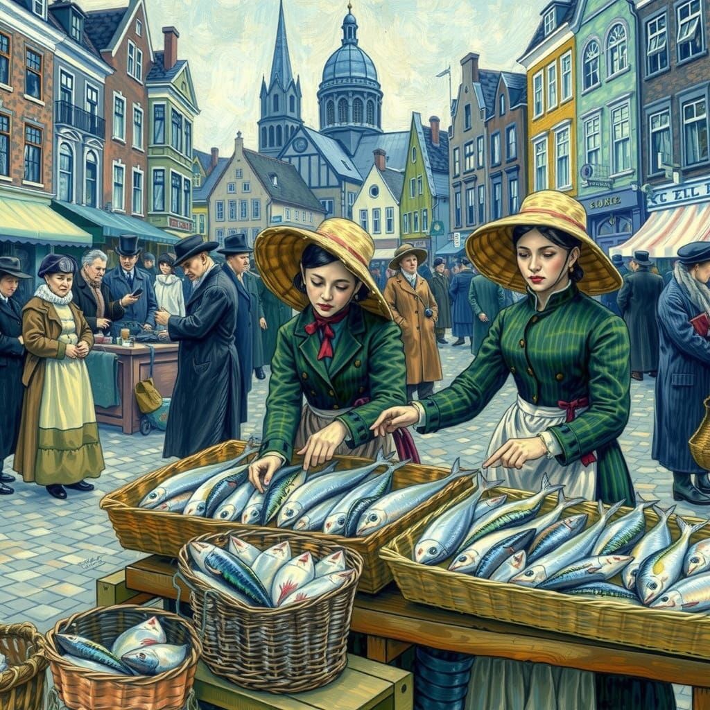 Vibrant Street Scene of Fishmongers in Action