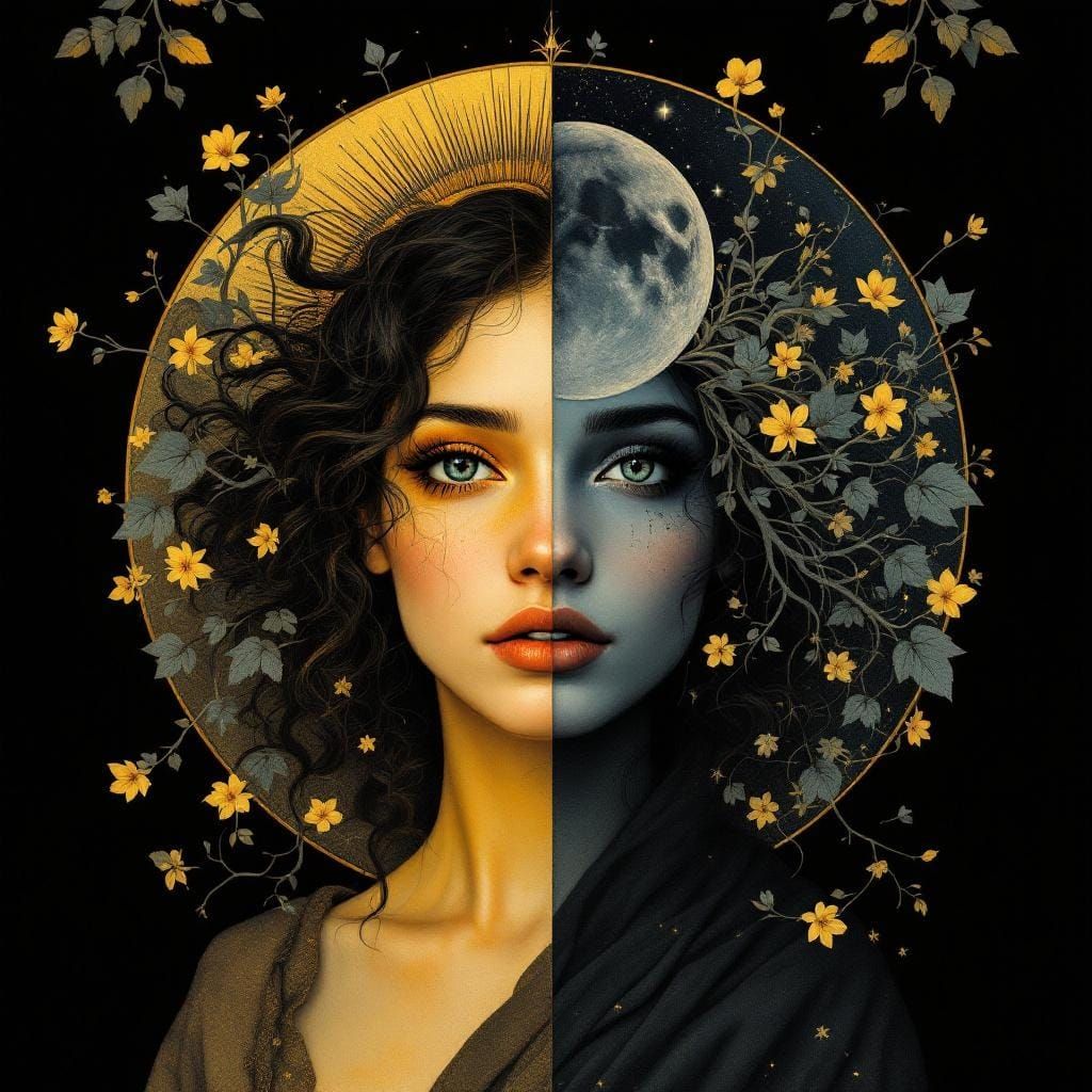 Art Nouveau Portrait: Sun and Moon Duality