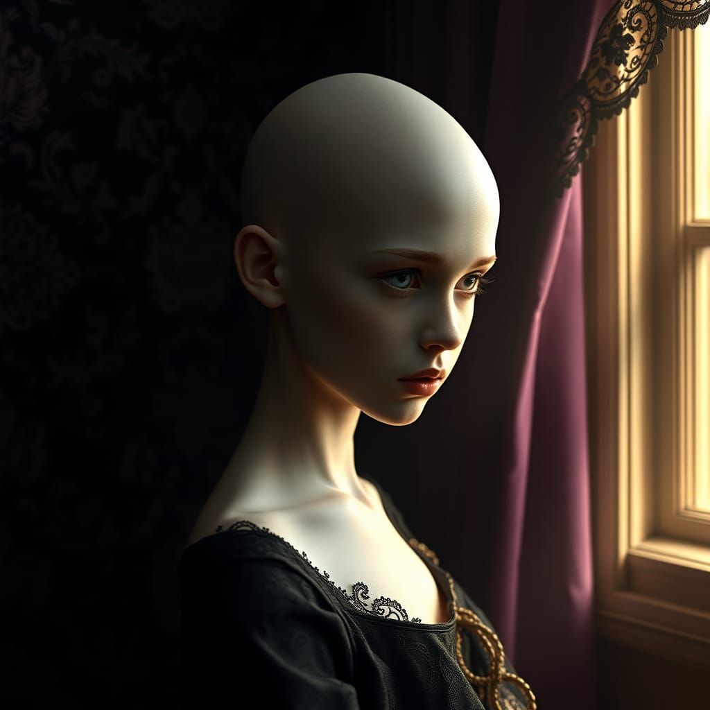 Girl Blending into Damask Wallpaper in Dark Fantasy Style