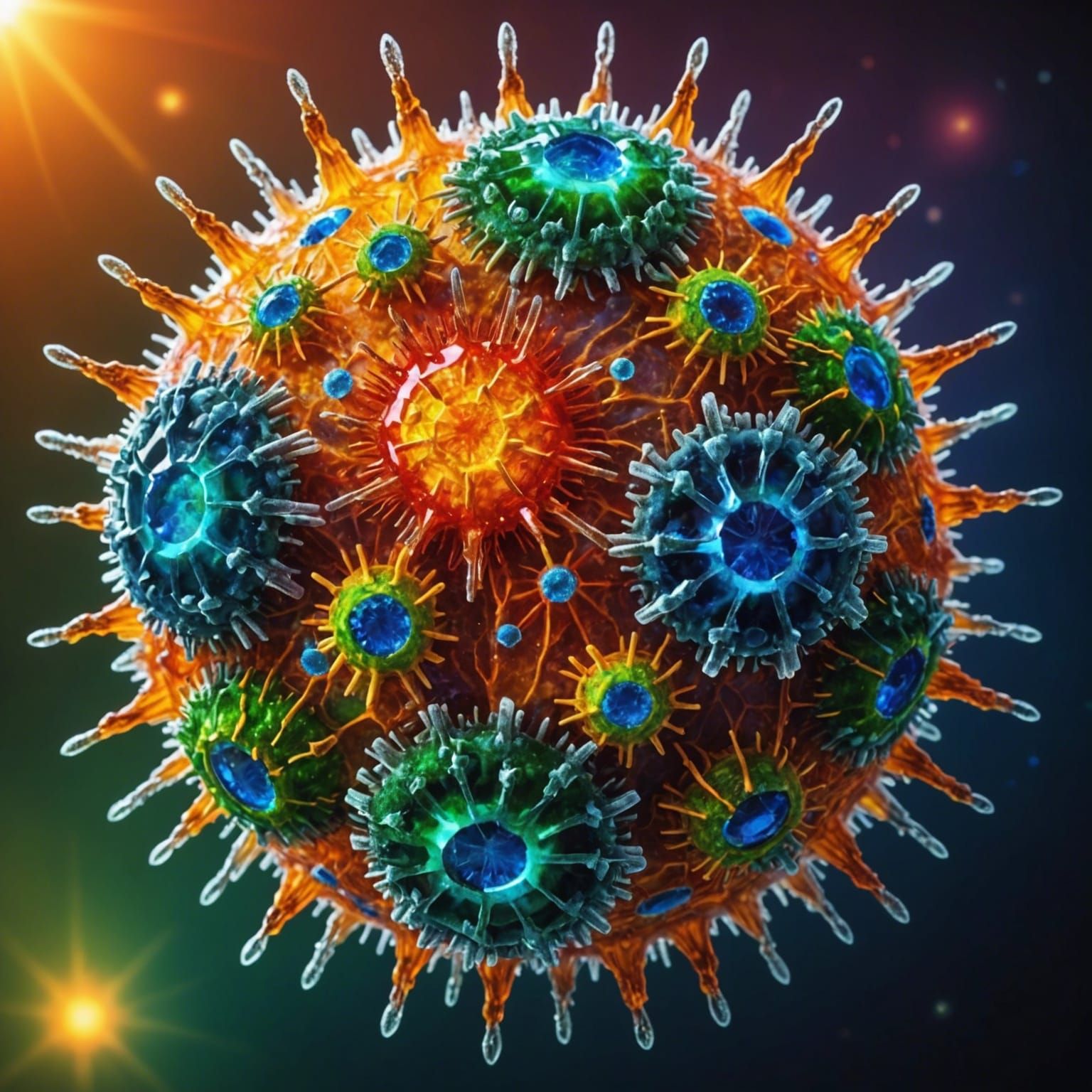 Macro Photograph of a Complex, Colorful Virus