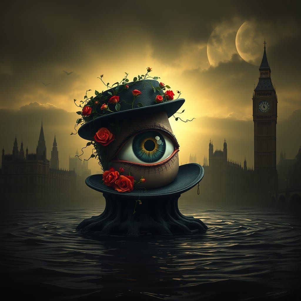 Surreal Eye in Top Hat Rises from Dark Water, Cityscape in B...