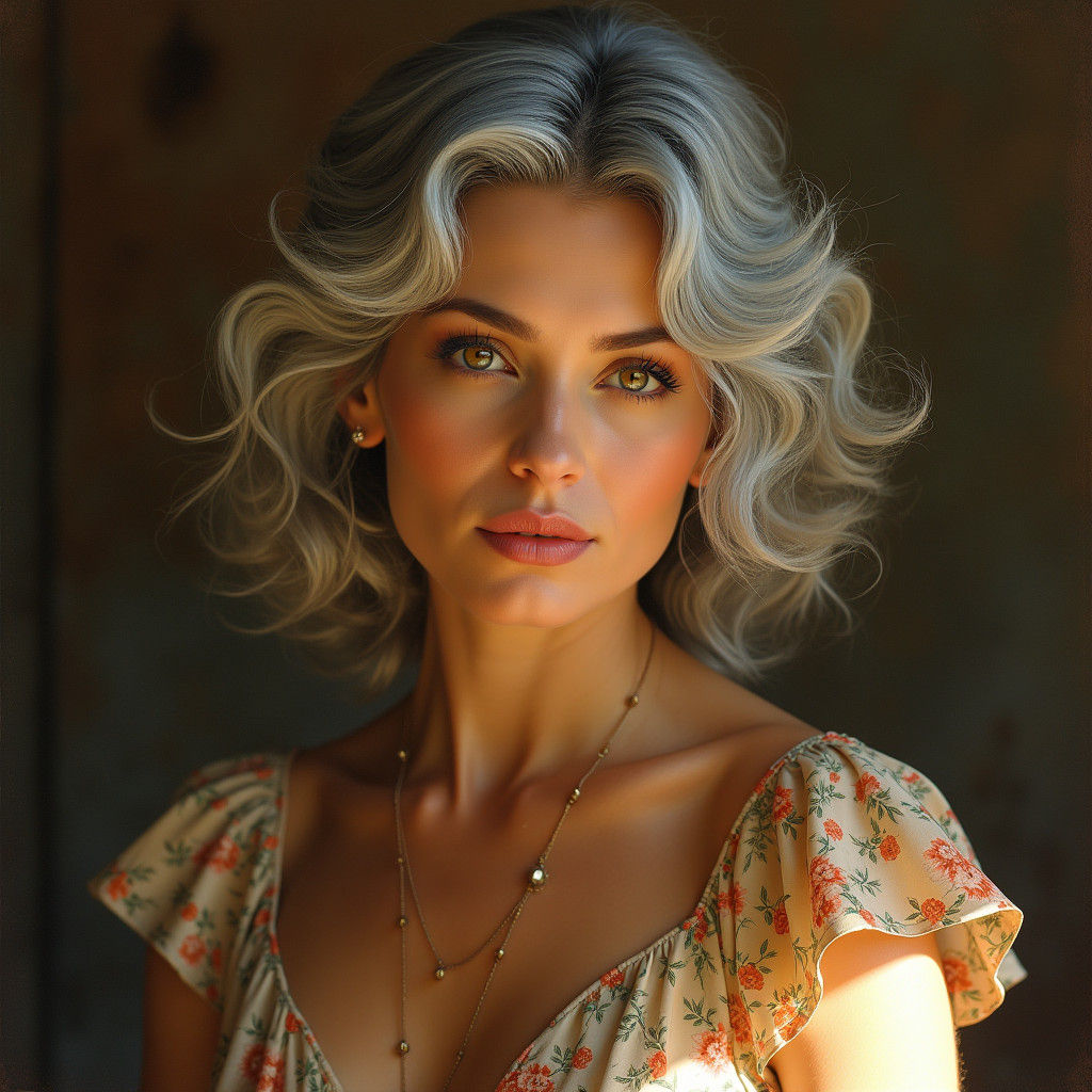Silver-Haired Woman in Floral Dress, Realist Portrait