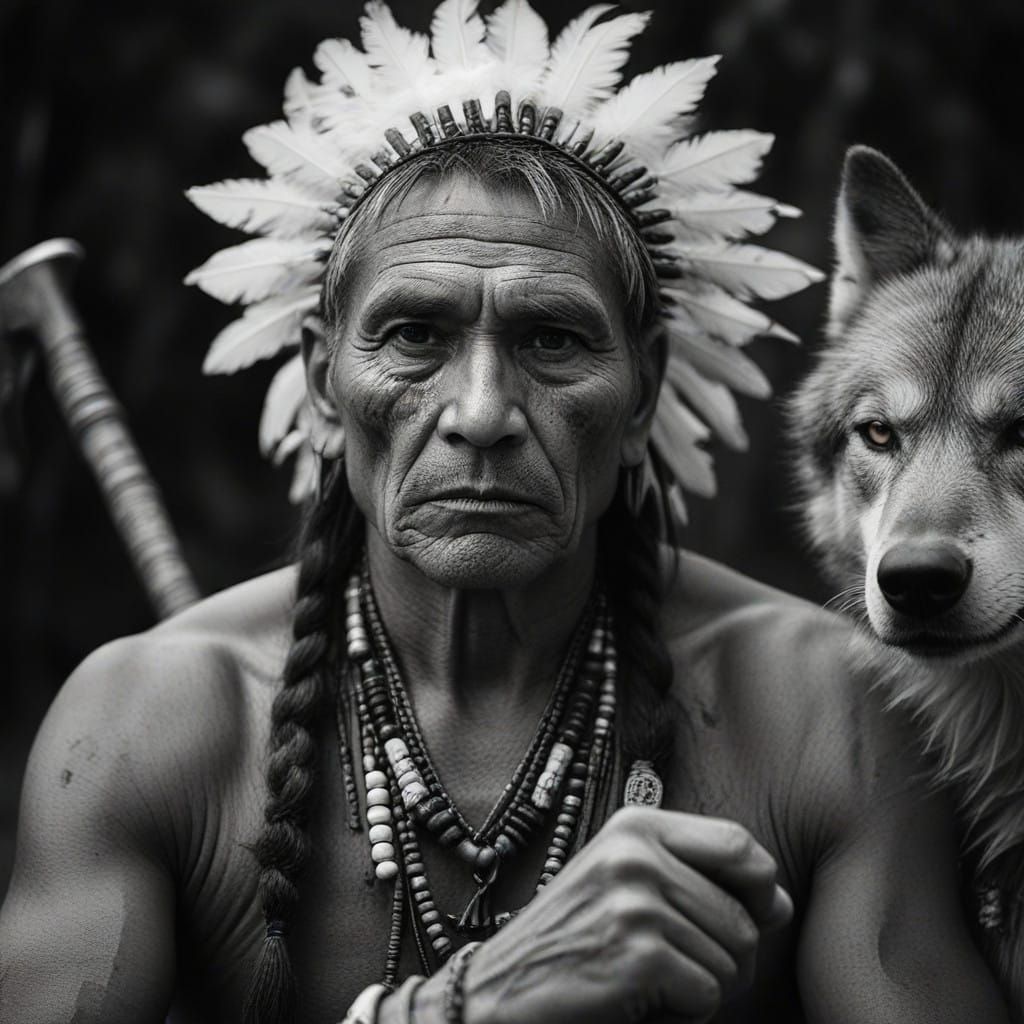 Native American Warrior in Traditional Attire, Mohawk and To...