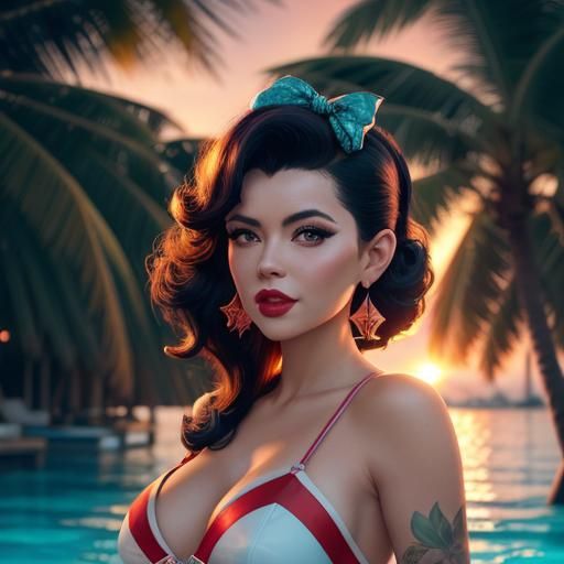 Rockabilly Woman Cheers on Island Oasis at Sunset