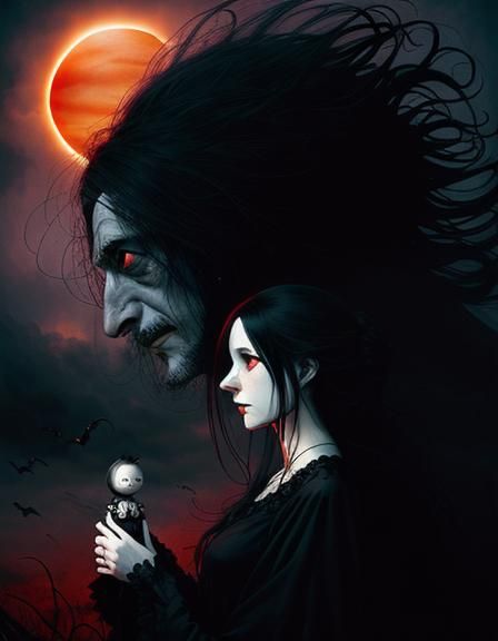 Red Sun with Swirling Clouds in Gothic Horror Style