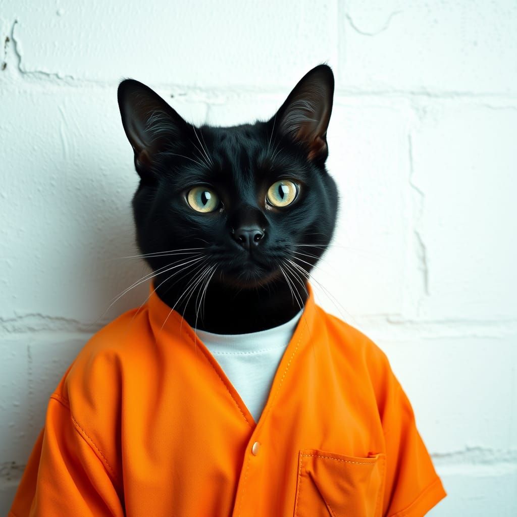 Andromorphic Black Cat Mugshot in Jumpsuit