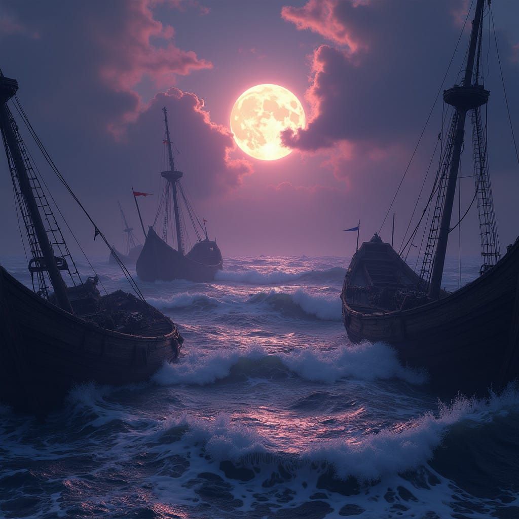 Moonlit Twilight Ocean Wreckage in Dreamlike, Dark Fantasy S...