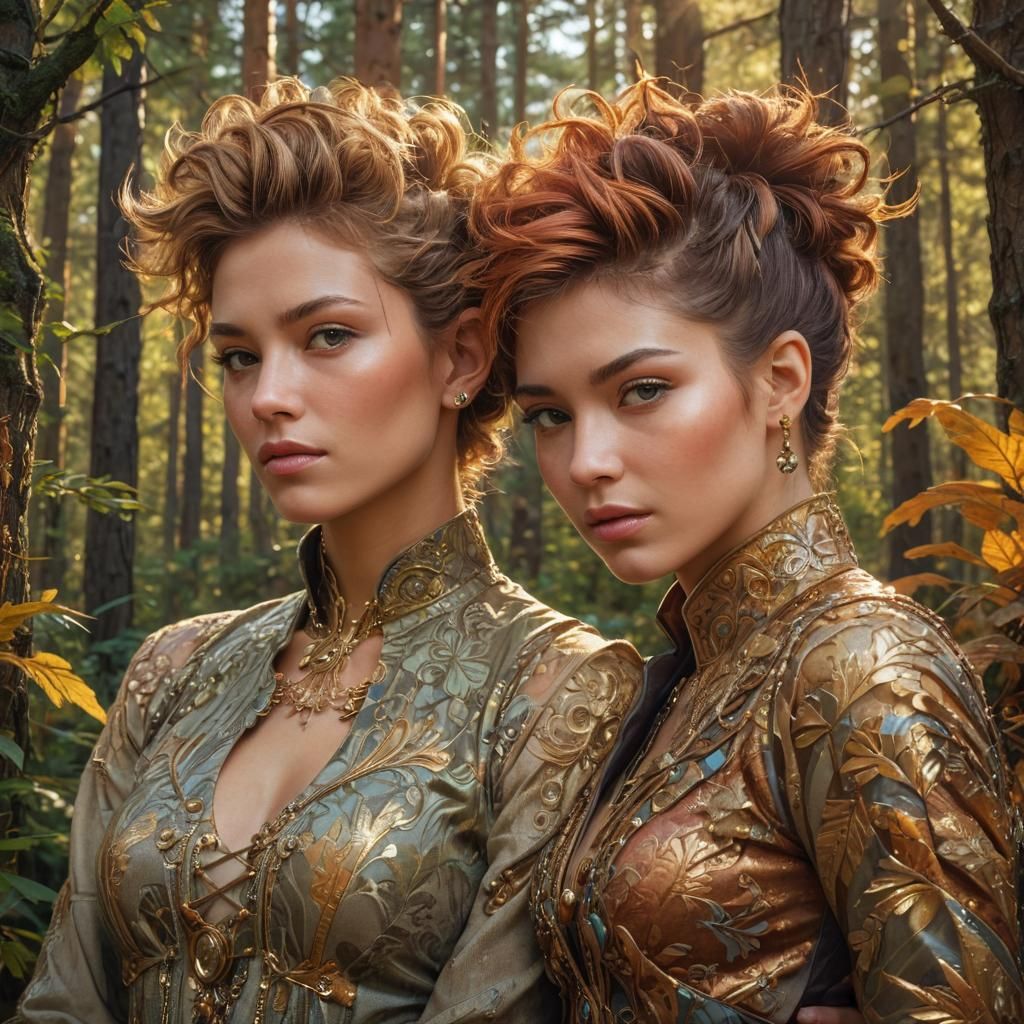 Art Nouveau Portrait: Two Women in Forest