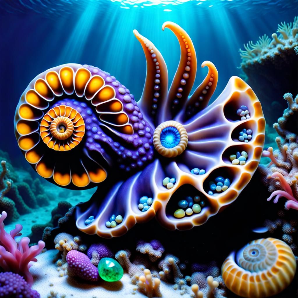 Underwater Octopus and Nudibranch in Bioluminescent Scene