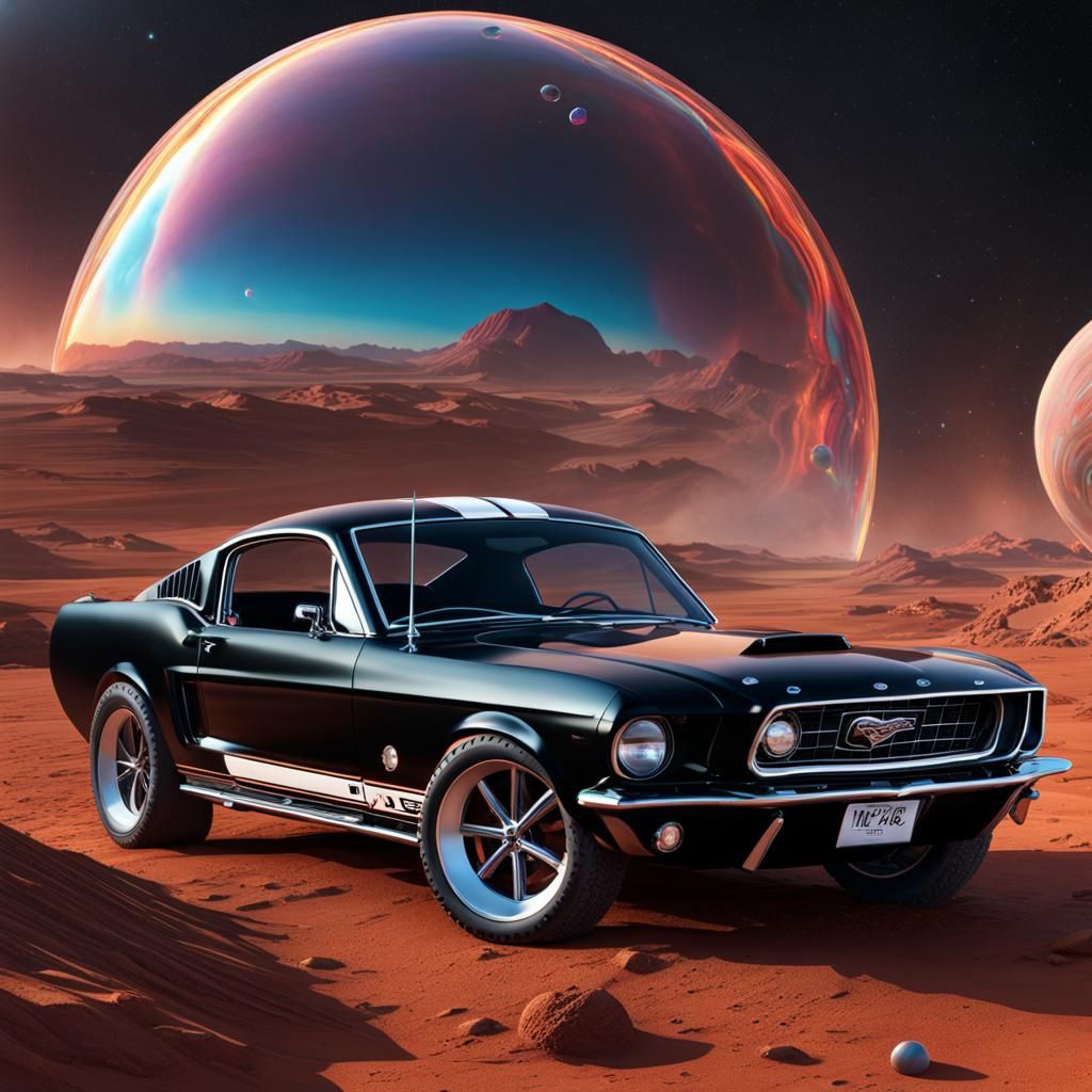 Black Mustang in Soap Bubble on Mars