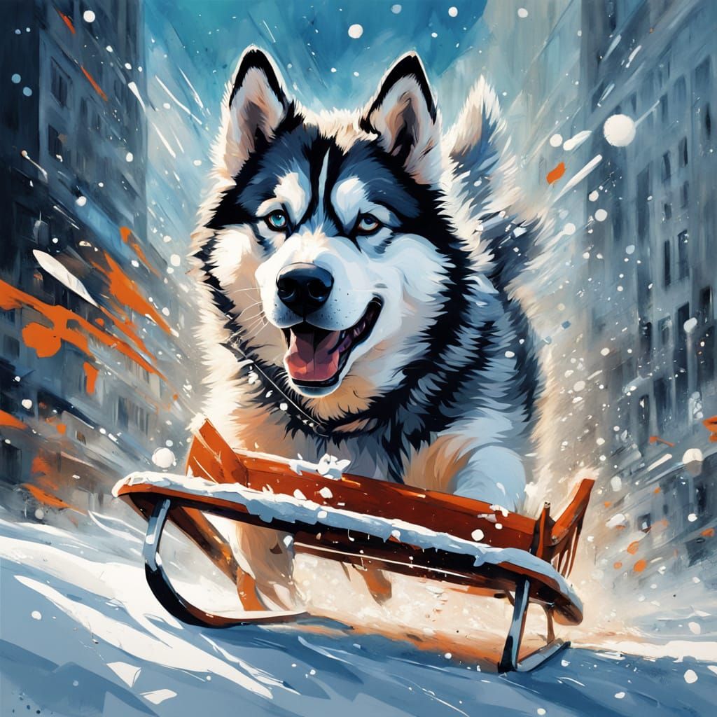 Expressive Husky in Swirling Cityscape Graffiti Art