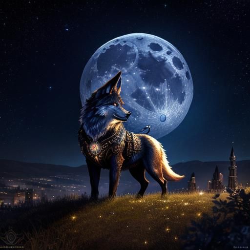 Steampunk Wolf Under Starry Sky with Roman Architecture