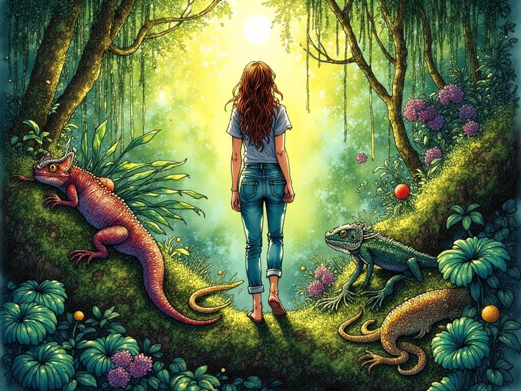 Jungle Scene with Woman and Exotic Reptiles in Ink