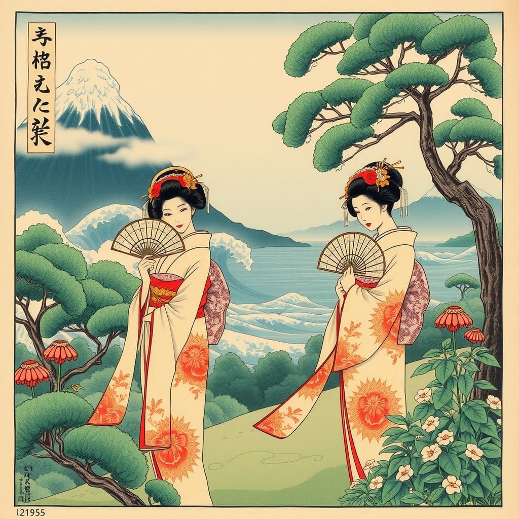 Geishas in Japanese Garden in Ukiyo-e Style